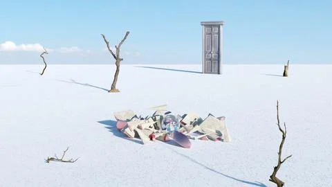 3d render, abstract sci-fi panoramic background with broken geometric ball Stock Illustration