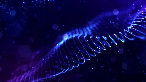 3d render. Abstract sci-fi bg with glow particles form curved lines, surfaces Illustrazione stock