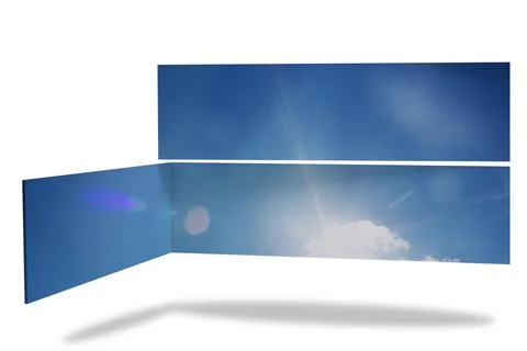 3D render abstract sky panels are hovering over white surface, featuring sun Stock Illustration