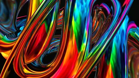3d render, Abstract smooth shape holographic shiny colors on black background Stock Illustration