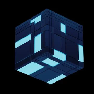 3d render abstract structure. Randomly fractured cube shape. Technology eleme Illustrazione stock