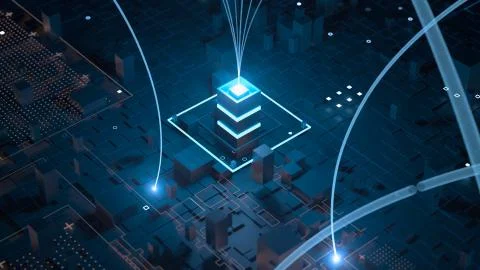 3d render abstract tehcnology background with connection arcs ang bright towe Stock Illustration