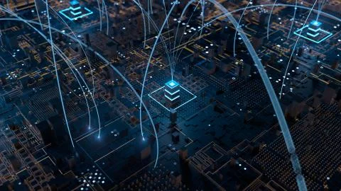 3d render abstract tehcnology background with connection arcs ang bright towe Stock Illustration
