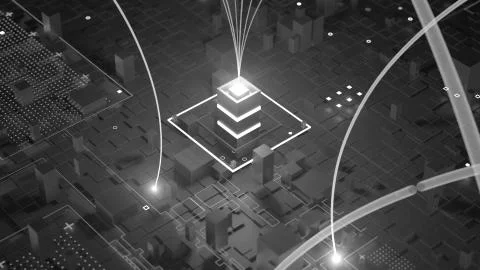 3d render abstract tehcnology background with connection arcs ang bright towe Stock Illustration