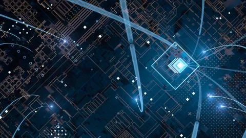 3d render abstract tehcnology background with connection arcs ang bright towe Stock Illustration