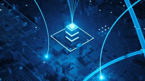 3d render abstract tehcnology background with connection arcs ang bright towe Stock Illustration