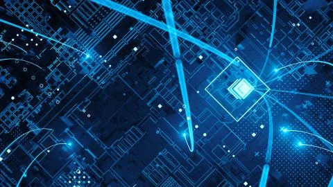 3d render abstract tehcnology background with connection arcs ang bright towe Stock Illustration
