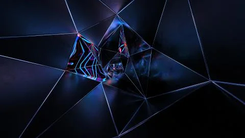 3D render of abstract tunnel with kaleidoscope pattern on screens &amp; reflections. イラスト素材