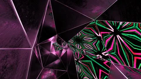 3D render of abstract tunnel with kaleidoscope pattern on screens &amp; reflections. Stock Illustration