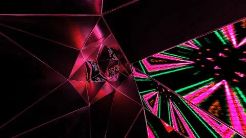 3D render of abstract tunnel with kaleidoscope pattern on screens &amp; reflections. Illustrazione stock