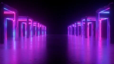 3d render, abstract violet neon geometric background, lines glowing 스톡 일러스트
