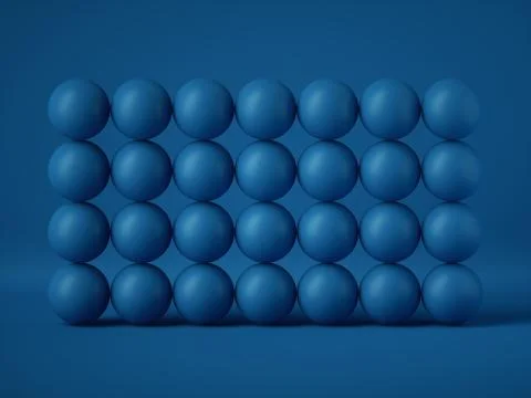 3d render, abstract wall of many balls isolated on blue background Illustrazione stock