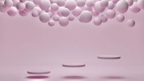 3d render. Abstract wallpaper. Flying geometric objects and presentation podi Stock Illustration
