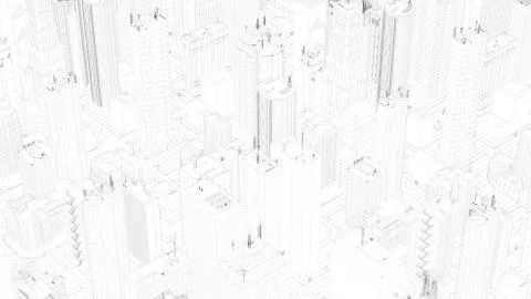 3d render abstract wireframe city fragment.Digital concept with different sky Stock Illustration