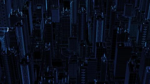 3d render abstract wireframe city fragment.Digital concept with different sky Stock Illustration