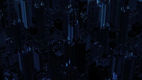 3d render abstract wireframe city fragment.Digital concept with different sky Illustrazione stock