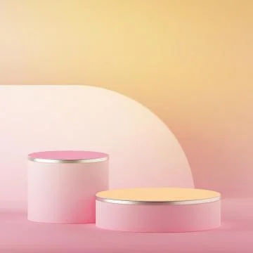 3d render, abstract yellow pink pastel easter background, blank cylinder podium Stock Illustration