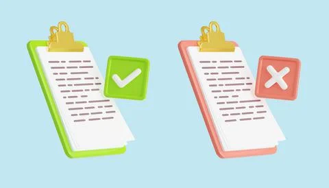 3d render accepted denied documents on clipboard Illustrazione stock