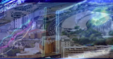 3D render aerial cityscape overlaying scrolling stock data, showing highways Stock Footage 307464848