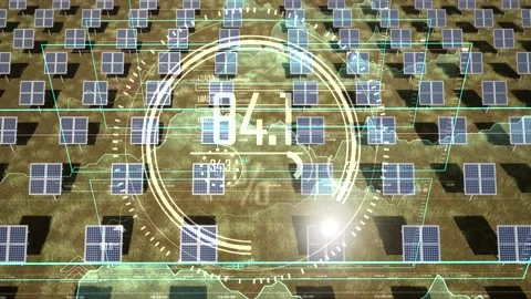 3d render aerial drone view of Solar Panels farm with hud interface graph an Stock Footage 234878036