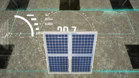 3d render aerial drone view of Solar Panels farm with hud interface graph animat Stock Footage 234919353