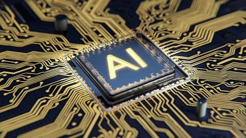 3D render AI artificial intelligence concept against random moving CPU central Stock Illustration