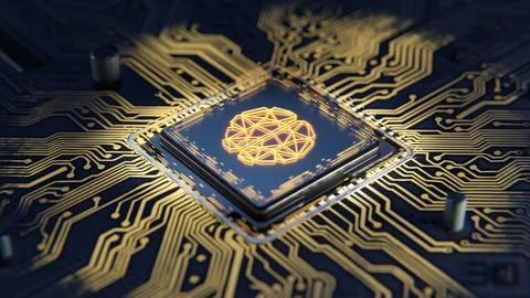 3D render AI artificial intelligence concept against random moving CPU cent.. Stock Illustration