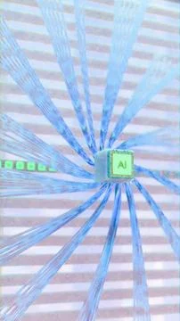 3D render of an AI chip with glowing green label and radiating blue data ca.. Stock Illustration