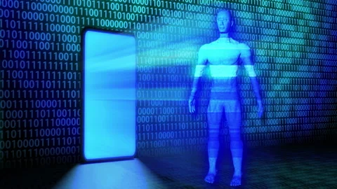 3D Render AI Hologram project from Smartphone on the wall with Binary Background Stock Footage 130425441