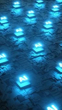 3D render of AI microchip with glowing lights Illustrazione stock