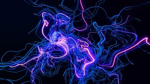3d render. AI signals. Abstract bg with loopes. Multicolor flash of curved lines 스톡 일러스트