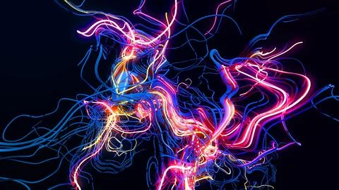 3d render. AI signals. Abstract bg with loopes. Multicolor flash of curved lines 스톡 일러스트