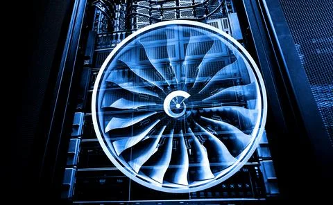 3D render airplane engine against the background of a data center server, the Stock Illustration