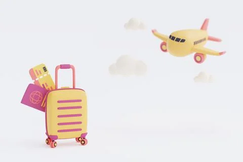 3d render of airplane with suitcase and passport,Tourism and travel concept,h Stock Illustration