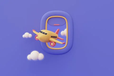 3d render of airplane window with airplane in the sky,Tourism and travel conc Stock Illustration