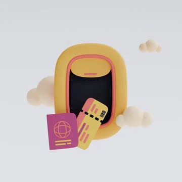 3d render of airplane window with passport and a ticket,Tourism and travel co Stock Illustration