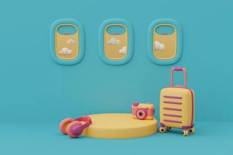 3d render of airplane window scene with empty podium stage surrounded by trav Stock Illustration