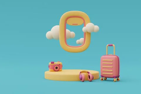 3d render of airplane window scene with empty podium stage surrounded by trav Stock Illustration