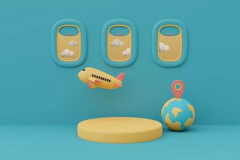 3d render of airplane window scene with empty podium stage surrounded by trav Stock Illustration