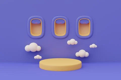 3d render of airplane window scene with empty podium stage surrounded by clou Stock Illustration
