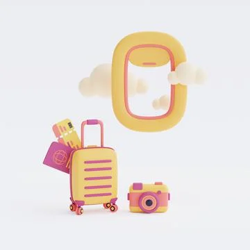 3d render of airplane window with suitcase ,camera and passport,Tourism and t Stock Illustration