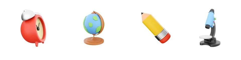 3d render alarm clock, globe, pencil, microscope icon set on white background Illustrazione stock