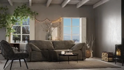 3d Render of all white apartment with big windows with natural soft light Stock Footage 293004810