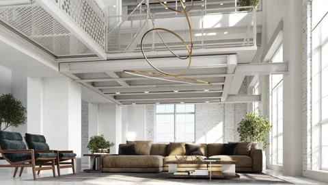 3d Render of all white apartment with big windows with natural soft light Stock Footage 293004819