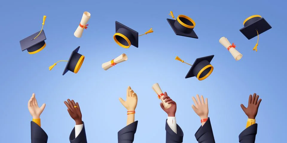 3d render alumni hands throw graduation cap in air Stock Illustration
