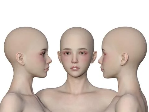 3d render. And the angle of a female bald head on a white background. Stock Illustration