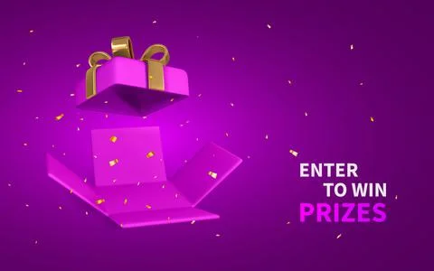 3D render and draw by mesh realistic open gift box and confetti. Enter to Win 스톡 일러스트