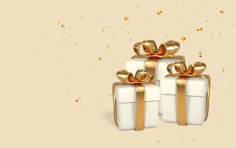 3D render and draw by mesh realistic white gift boxes with golden bows and co Stock Illustration