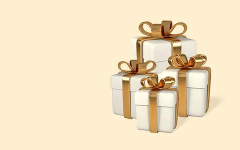 3D render and draw by mesh realistic white gift boxes with golden bows on lig Stock Illustration