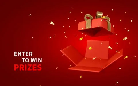 3D render and draw by mesh realistic open red gift box and confetti. Enter to Stockillustratie